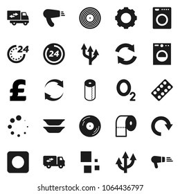Flat vector icon set - toilet paper vector, plates, pound, oxygen, disk, rec button, pills blister, gear, refresh, redo, loading, route arrow, relocation truck, 24 hour, washer, hair dryer