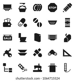 Flat vector icon set - toilet vector, washing powder, plates, colander, pasta, pencil, corner ruler, pills, satellite, truck trailer, hierarchy, stop, sale signboard, mailbox, toaster, multi socket