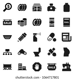 Flat vector icon set - toilet vector, sprayer, plates, colander, jar, pasta, pencil, coin stack, money search, hierarchy, stadium, buttocks, pills, Railway carriage, satellite, newspaper, stop