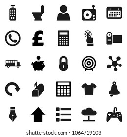 Flat vector icon set - toilet vector, pen, bell, calculator, school bus, piggy bank, target, arrow up, pound, calendar, radio, remote control, touchscreen, social media, cloud network, menu, redo