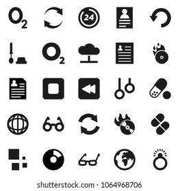 Flat vector icon set - toilet brush vector, glasses, world, personal information, pie graph, pills, gymnast rings, oxygen, earth, music hit, stop button, backward, cloud network, refresh, undo