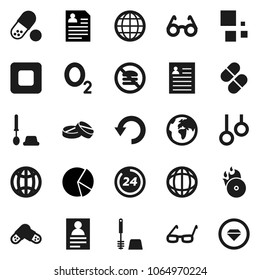 Flat vector icon set - toilet brush vector, glasses, world, personal information, pie graph, pills, no fastfood, gymnast rings, oxygen, earth, music hit, stop button, undo, loading, globe, 24 hour
