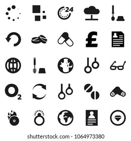 Flat vector icon set - toilet brush vector, glasses, world, personal information, pound, pills, gymnast rings, oxygen, earth, music hit, cloud network, refresh, undo, loading, globe, 24 hour