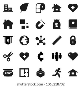 Flat vector icon set - toilet paper vector, ruler, magnet, scissors, molecule, leaf, man, dollar flag, cent sign, heart cross, run, earth, package, home, loading, lock, house, plan, rent signboard