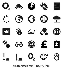 Flat vector icon set - toilet brush vector, glasses, world, personal information, pie graph, pound, pills, oxygen, earth, music hit, backward button, cloud network, loading, globe, 24 hour