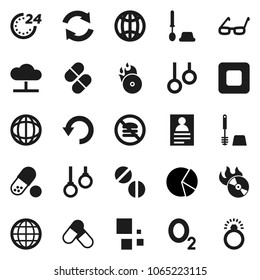 Flat vector icon set - toilet brush vector, glasses, world, personal information, pie graph, pills, no fastfood, gymnast rings, oxygen, music hit, stop button, cloud network, refresh, undo, loading