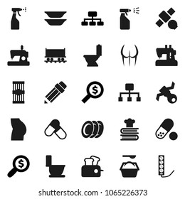 Flat vector icon set - toilet vector, washing powder, sprayer, cookbook, plates, pasta, pencil, money search, hierarchy, buttocks, pills, Railway carriage, satellite, toaster, sewing machine