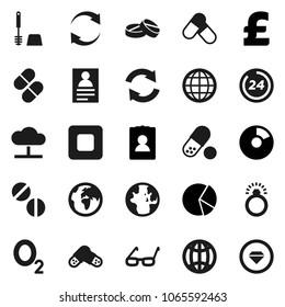 Flat vector icon set - toilet brush vector, glasses, world, personal information, pie graph, pound, pills, oxygen, earth, stop button, cloud network, refresh, globe, 24 hour, diamond ring
