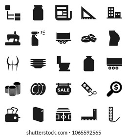 Flat vector icon set - toilet vector, washing powder, sprayer, plates, jar, corner ruler, coin stack, money search, stadium, buttocks, truck trailer, newspaper, pills, hierarchy, sale signboard