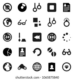 Flat vector icon set - toilet brush vector, glasses, personal information, pie graph, no fastfood, gymnast rings, earth, stop button, backward, pills, undo, loading, globe, 24 hour, diamond ring