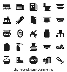 Flat vector icon set - toilet vector, washing powder, sprayer, plates, colander, cookbook, jar, pencil, coin stack, stadium, Railway carriage, satellite, newspaper, pills, hierarchy, stop