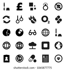 Flat vector icon set - toilet brush vector, glasses, world, personal information, pie graph, pound, pills, no fastfood, gymnast rings, oxygen, earth, music hit, stop button, cloud network, refresh