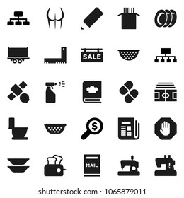 Flat vector icon set - toilet vector, sprayer, plates, colander, cookbook, pasta, pencil, corner ruler, money search, hierarchy, stadium, buttocks, satellite, truck trailer, newspaper, pills, stop