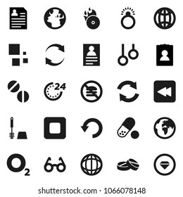 Flat vector icon set - toilet brush vector, glasses, world, personal information, pills, no fastfood, gymnast rings, oxygen, earth, music hit, stop button, backward, refresh, undo, loading, globe