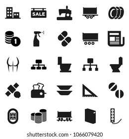 Flat vector icon set - toilet vector, washing powder, sprayer, plates, corner ruler, coin stack, hierarchy, buttocks, stadium, Railway carriage, satellite, truck trailer, newspaper, pills, toaster