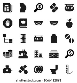 Flat vector icon set - toilet vector, plates, colander, cookbook, jar, pasta, apple fruit, coin stack, money search, stadium, buttocks, satellite, newspaper, pills, hierarchy, stop, sale signboard