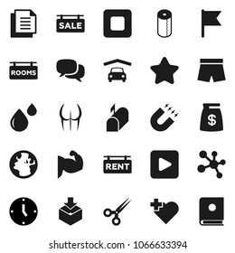 Flat vector icon set - toilet paper vector, magnet, flag, clock, muscule hand, buttocks, shorts, molecule, heart cross, earth, document, package, dialog, play button, stop, scissors, blood drop
