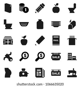 Flat vector icon set - toilet vector, washing powder, plates, colander, jar, pasta, pencil, apple fruit, coin stack, money search, stadium, buttocks, satellite, newspaper, mailbox, sale signboard