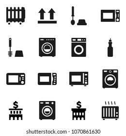 Flat vector icon set - toilet brush vector, washer, microwave oven, oil, bank building, top sign, heater