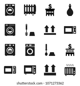 Flat vector icon set - toilet brush vector, washer, oil, microwave oven, bank building, top sign, heater