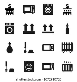 Flat vector icon set - toilet brush vector, washer, oil, microwave oven, bank building, top sign, heater