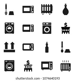 Flat vector icon set - toilet brush vector, washer, oil, microwave oven, bank building, top sign, heater