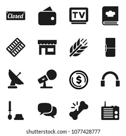 Flat vector icon set - toilet brush vector, cookbook, dollar coin, cereals, microphone, tv, dialog, headphones, broken bone, pills blister, fridge, wallet, closed, store, satellite antenna, radio