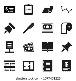 Flat vector icon set - toilet paper vector, book, copybook, pen, clipboard, pin, constellation, exam, check, fitness mat, money, thumbtack, network document, plan, receipt