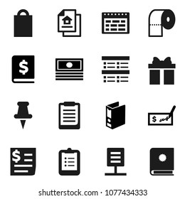 Flat vector icon set - toilet paper vector, schedule, clipboard, exam, cash, check, annual report, binder, receipt, thumbtack, network document, estate, gift, shopping bag, catalog