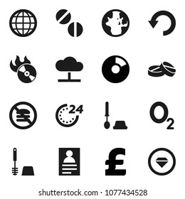 Flat vector icon set - toilet brush vector, world, personal information, pie graph, pound, no fastfood, oxygen, music hit, pills, cloud network, undo, globe, 24 hour, diamond ring
