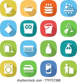 flat vector icon set - toilet vector, washing, plate, filter, rag, trash bin, foam bucket, vacuum cleaner, sponge, cleanser, liquid soap, machine, brush, powder, garbage