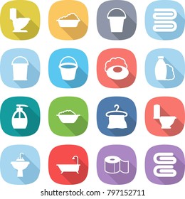 flat vector icon set - toilet vector, washing, bucket, towel, soap, shampoo, liquid, foam basin, hanger, water tap sink, bath, paper