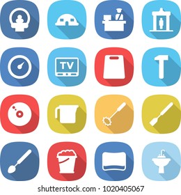 flat vector icon set - tomography vector, dome house, customs control, detector, barometer, tv, cutting board, hammer, cd, measuring cup, whisk, spatula, big spoon, foam bucket, sponge
