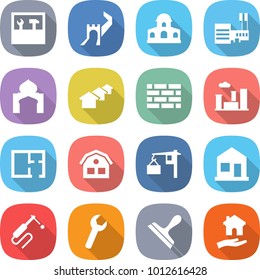 flat vector icon set - tools vector, greate wall, mansion, mall, minaret, houses, brick, city, plan, house, loading, home, welding, wrench, scraper, housing