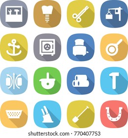 flat vector icon set - tools vector, tooth implant, surgical clamp, loading, anchor, safe, toaster, pan, magnetic field, ladle, pipes, hammer, colander, knife holder, shovel, horseshoe