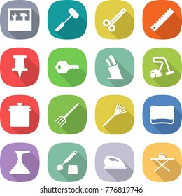 flat vector icon set - tools vector, doctors hammer, surgical clamp, ruler, pin, key, stands for knives, vacuum cleaner, pan, fork, rake, sponge, plunger, toilet brush, iron, board