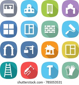 flat vector icon set - tools vector, mansion, skyscraper, minaret, window, brick wall, repair, arch, loading, home, ladder, welding, hammer, gloves