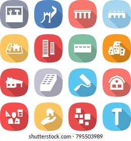 flat vector icon set - tools vector, greate wall, bridge, project, skyscrapers, bunker, modern architecture, house with garage, brick, repair, architector, real estate, blocks, hammer