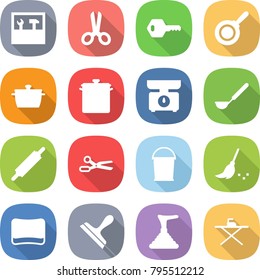 flat vector icon set - tools vector, scissors, key, pan, kitchen scales, ladle, rolling pin, bucket, broom, sponge, scraper, plunger, iron board