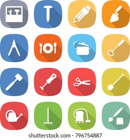 flat vector icon set - tools vector, nail, pencil, construction, drawing compasses, cafe, steam pan, whisk, meat hammer, blender, scissors, shovel, watering can, rake, vacuum cleaner, toilet brush