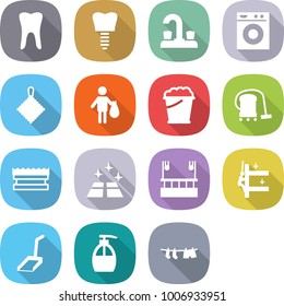 flat vector icon set - tooth vector, implant, water tap, washing machine, rag, trash, foam bucket, vacuum cleaner, sponge, clean floor, skysrcapers cleaning, skyscrapers, scoop, liquid soap
