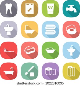 flat vector icon set - tooth vector, roentgen, uv cream, water tap, sink, bath, towel, soap, brush, sponge with foam, basin, toilet, paper