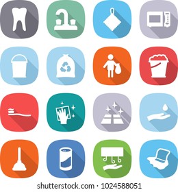 flat vector icon set - tooth vector, water tap, rag, microwave oven, bucket, garbage bag, trash, foam, brush, wiping, clean floor, hand and drop, plunger, cleanser powder, dryer, washing
