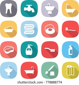 flat vector icon set - tooth vector, water tap, sink, bath, washing, towel, soap, brush, sponge with foam, liquid, toilet cleanser, paper