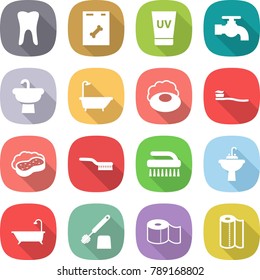 flat vector icon set - tooth vector, roentgen, uv cream, water tap, sink, bath, soap, brush, sponge with foam, toilet, paper, towel
