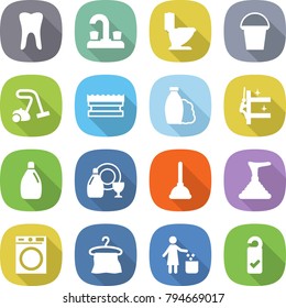 flat vector icon set - tooth vector, water tap, toilet, bucket, vacuum cleaner, sponge, shampoo, skyscrapers cleaning, cleanser, dish, plunger, washing machine, hanger, garbage bin, please clean
