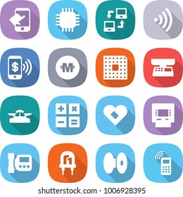 flat vector icon set - touch vector, chip, notebook connect, wireless, phone pay, crypto currency, cpu, market scales, calculator, pacemaker, atm, intercome, led, coil, mobile