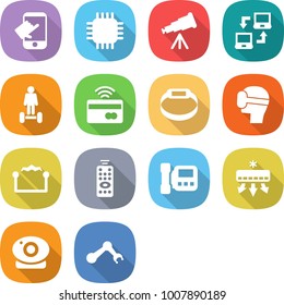 flat vector icon set - touch vector, chip, telescope, notebook connect, hoverboard, tap to pay, smart bracelet, virtual mask, electrostatic, remote control, intercome, air conditioning, web camera