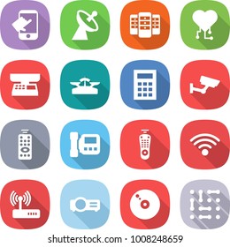 flat vector icon set - touch vector, satellite antenna, server, cardio chip, market scales, calculator, surveillance, remote control, intercome, wireless, router, projector, cd, circuit