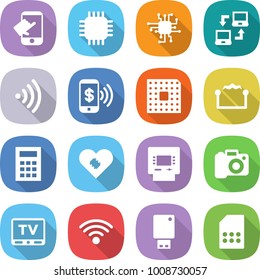 flat vector icon set - touch vector, chip, notebook connect, wireless, phone pay, cpu, electrostatic, calculator, pacemaker, atm, camera, tv, usb flash, sim card